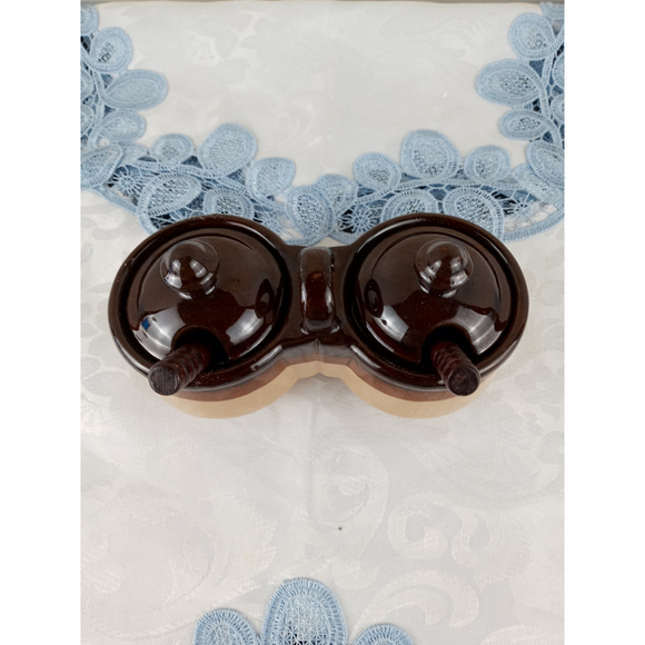 Vintage Brown & Tan Glazed Ceramic Double Condiment Dish w/ Lids & Spoons Taiwan - Picture 2 of 8